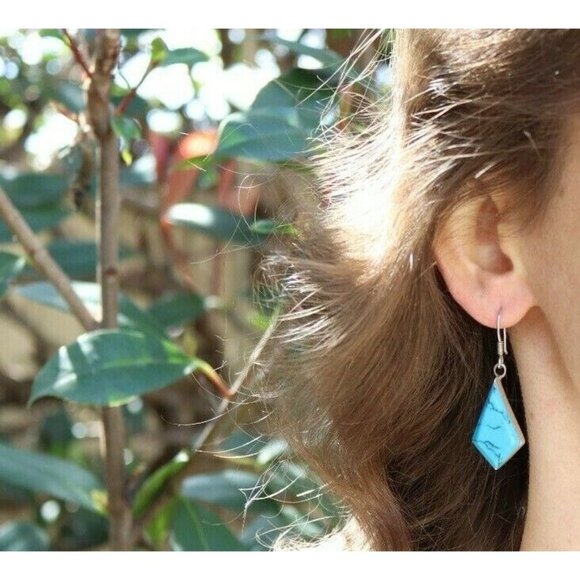 Sterling Silver Blue Howlite Dangle Earrings Vintage Taxco - Picture 3 of 8